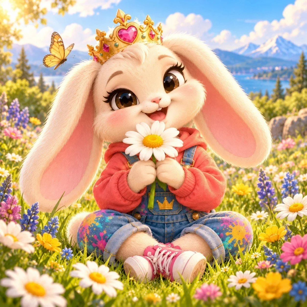 Little Reign Poopsie the bunny sitting in a wildflower meadow holding a daisy