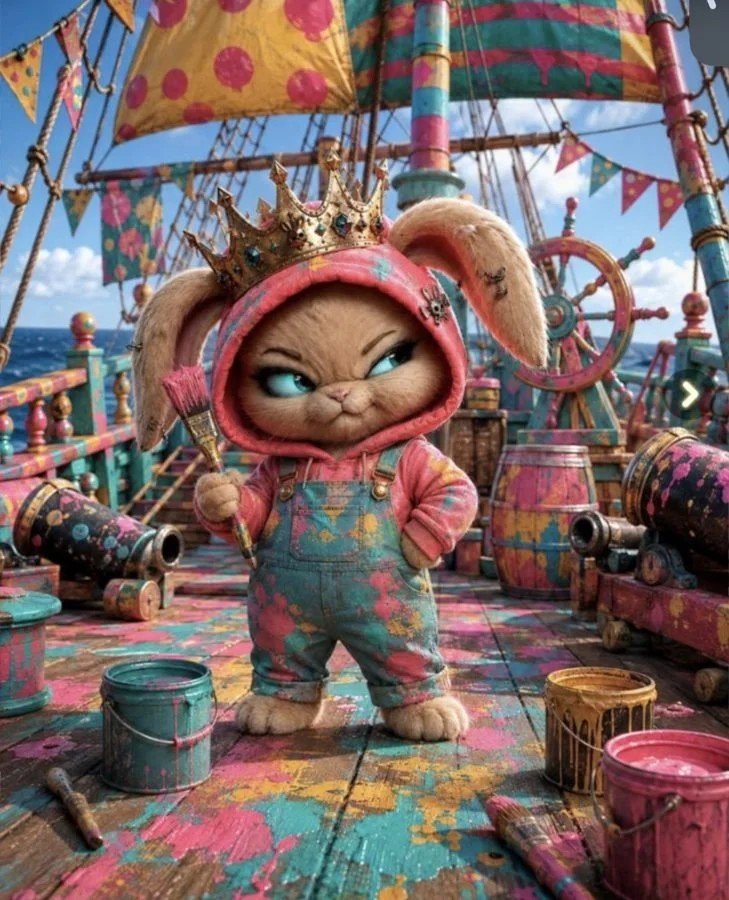 Poopsie in paint-splattered overalls on a pirate ship