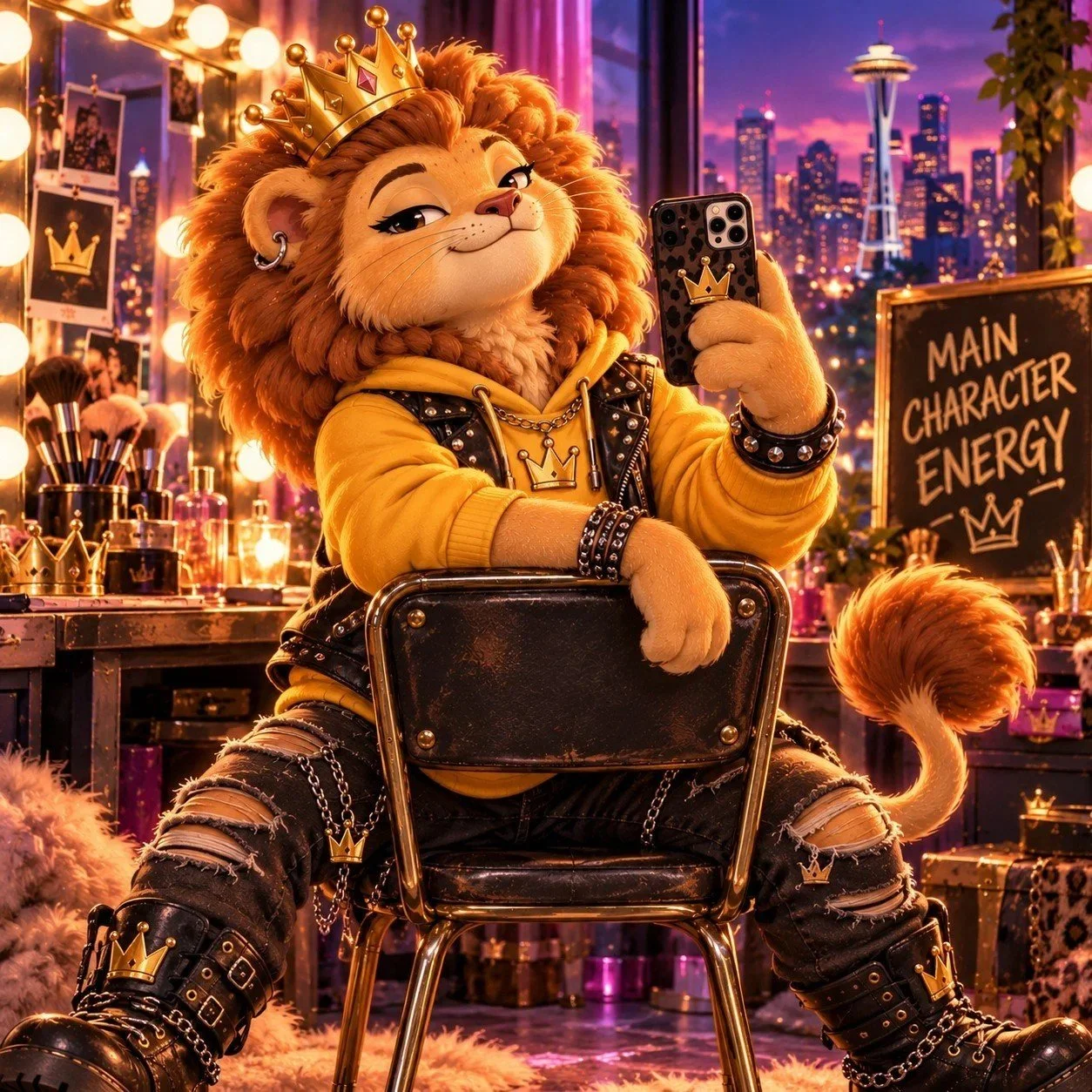 Leo the lion in his gold crown and yellow hoodie taking a selfie with a half-lidded smirk
