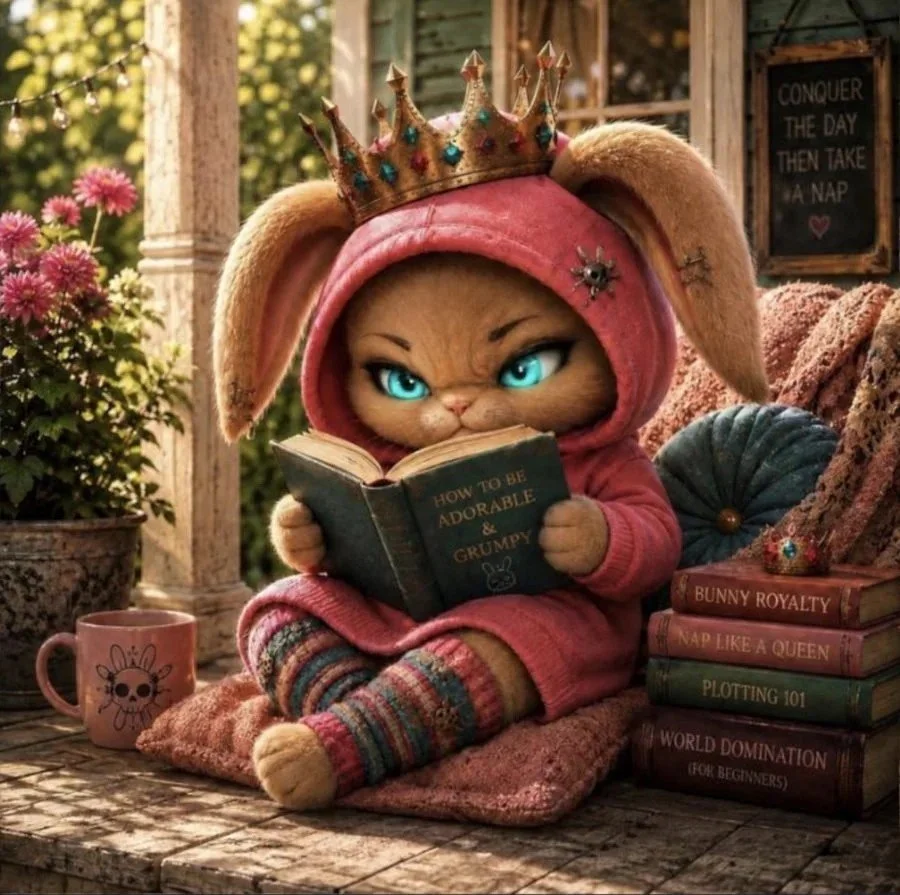 Poopsie the bunny in a pink hoodie and gold crown, reading a book