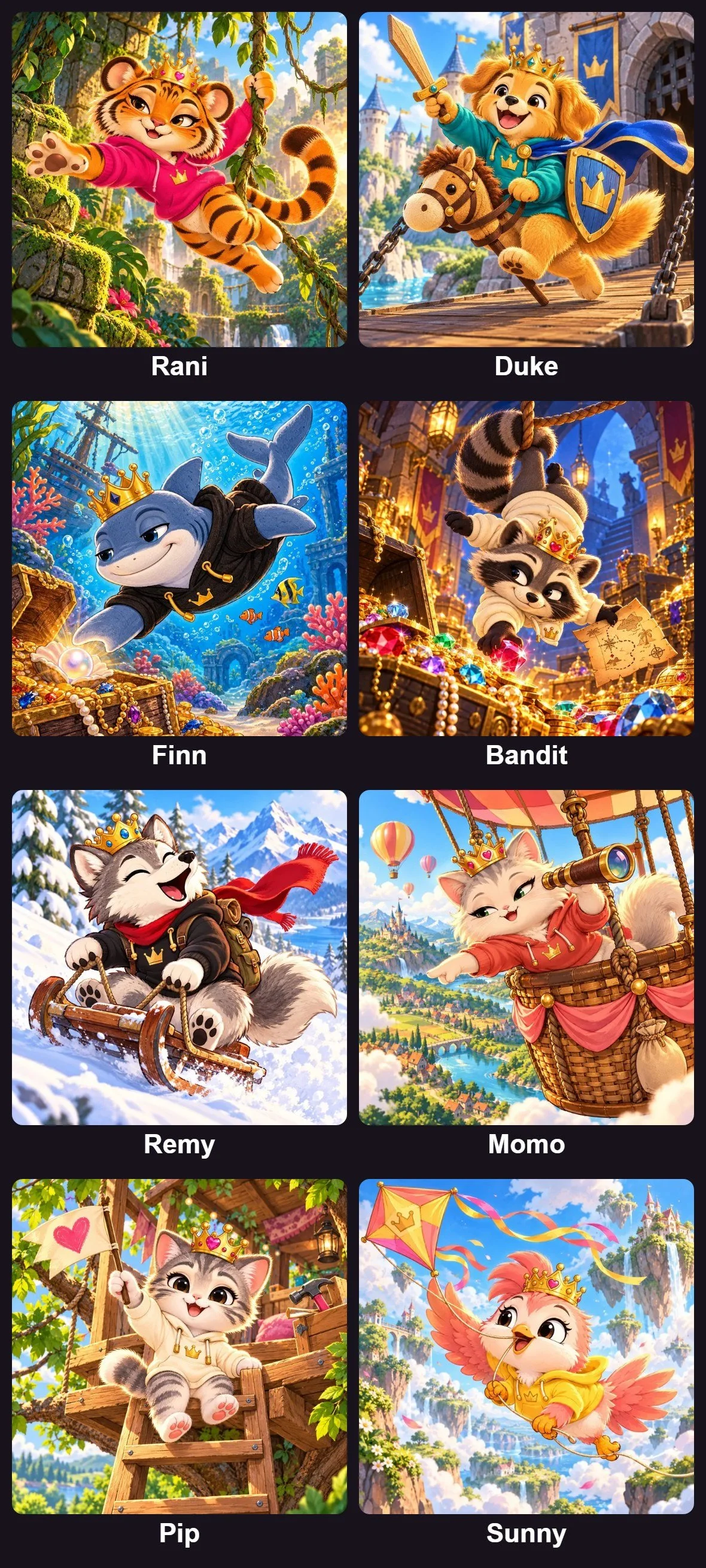 The rest of the court: Rani the tiger, Duke the golden retriever, Finn the shark, Bandit the raccoon, Remy the wolf, Momo the cat, Pip the tabby kitten, and Sunny the songbird