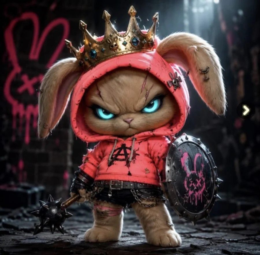 Grumpy Poopsie in a punk hoodie holding a spiked shield