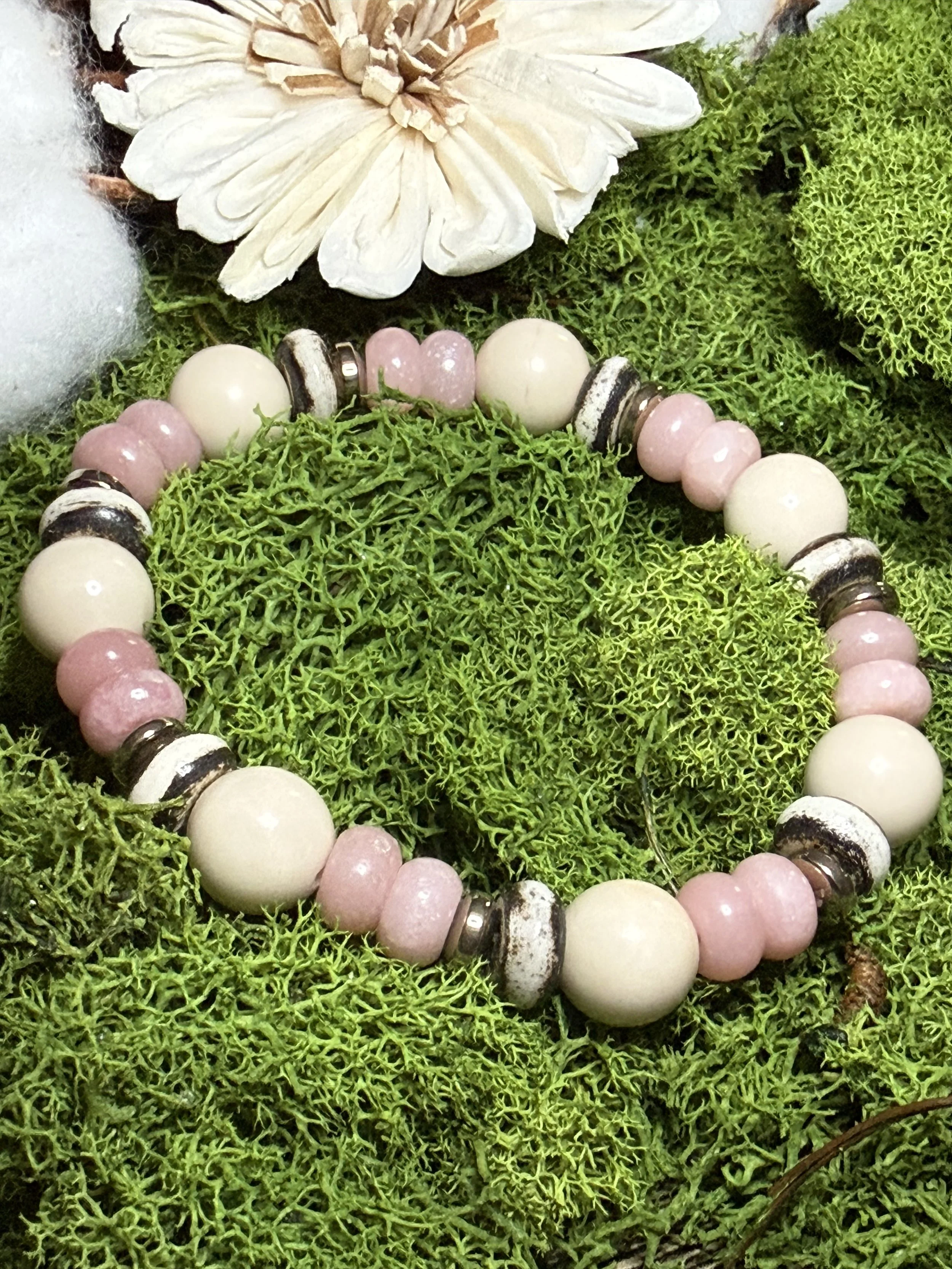 Nature's Elegance: Pink Opal & River Stone Bracelet