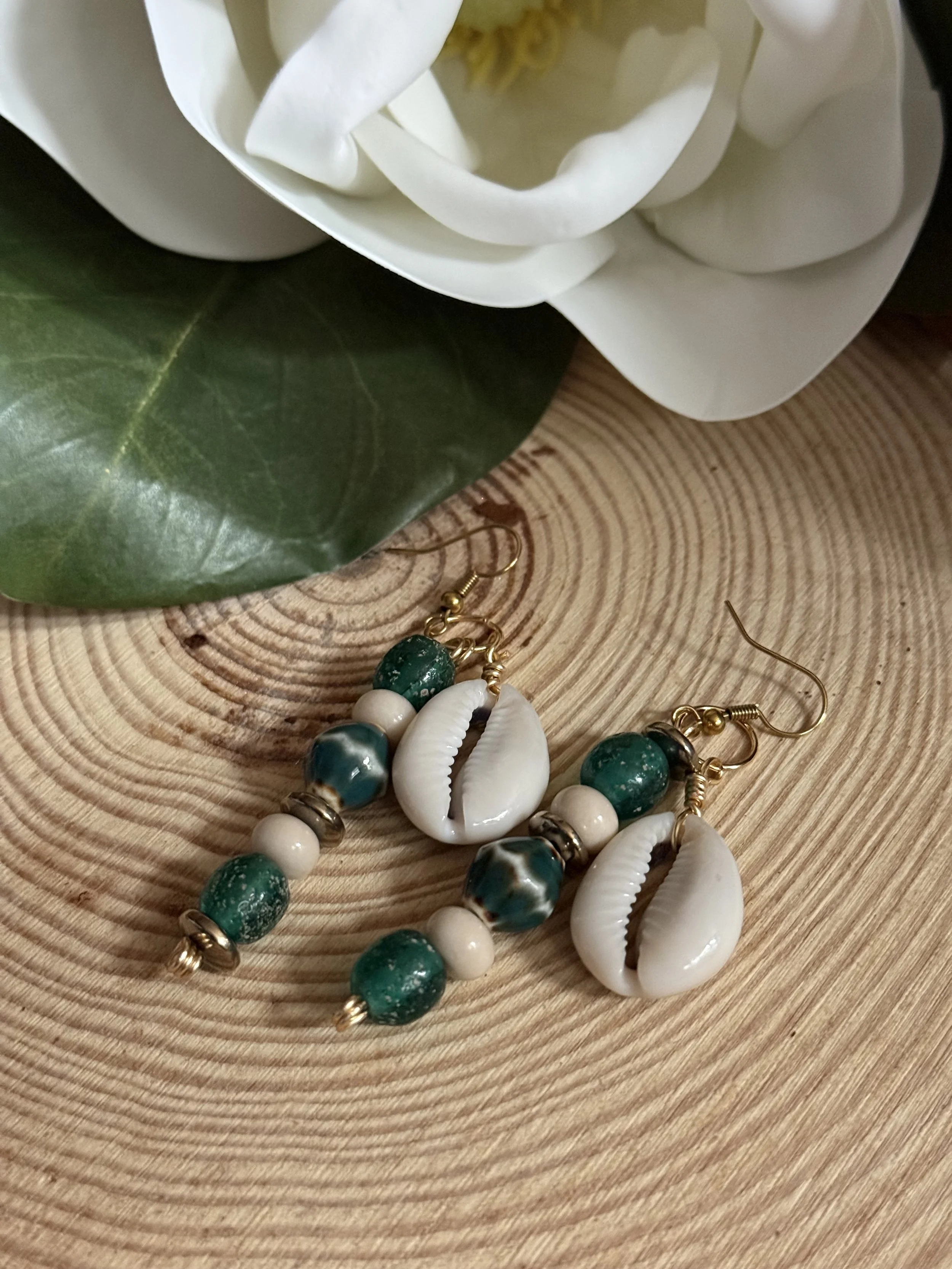 Ancient Green Aqua Java Beaded Cowrie Earrings
