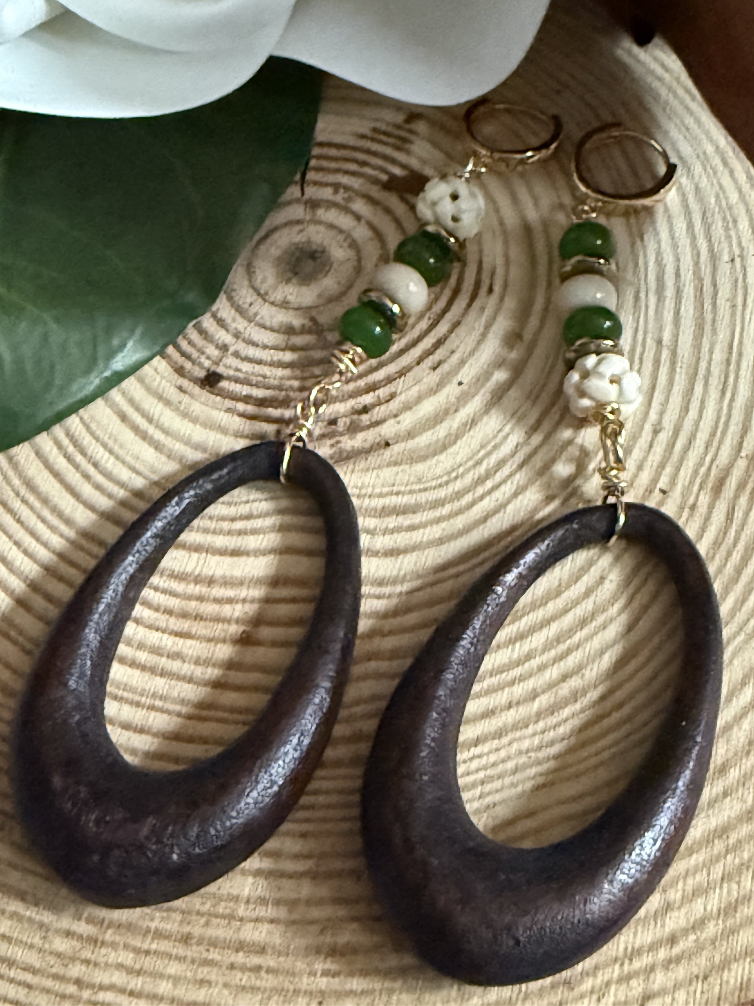 Elegant Green Taiwan Jade & Fossil Jasper Earrings