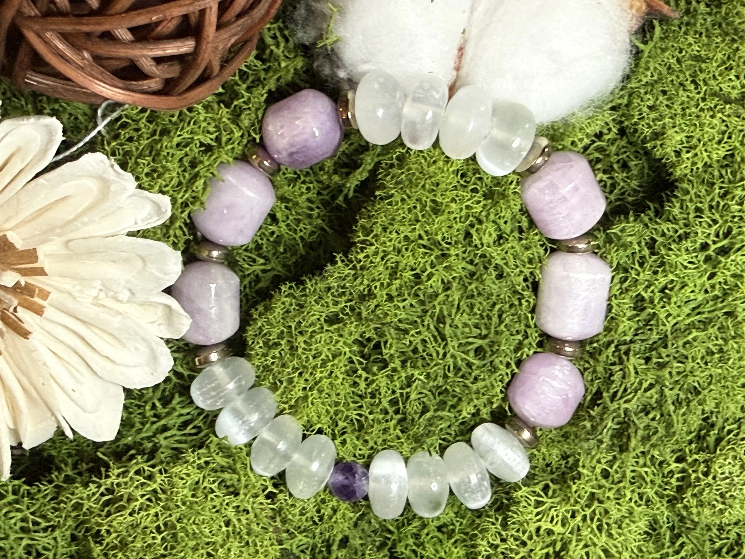 Kunzite, Pyrite, and Selenite Bead Bracelet