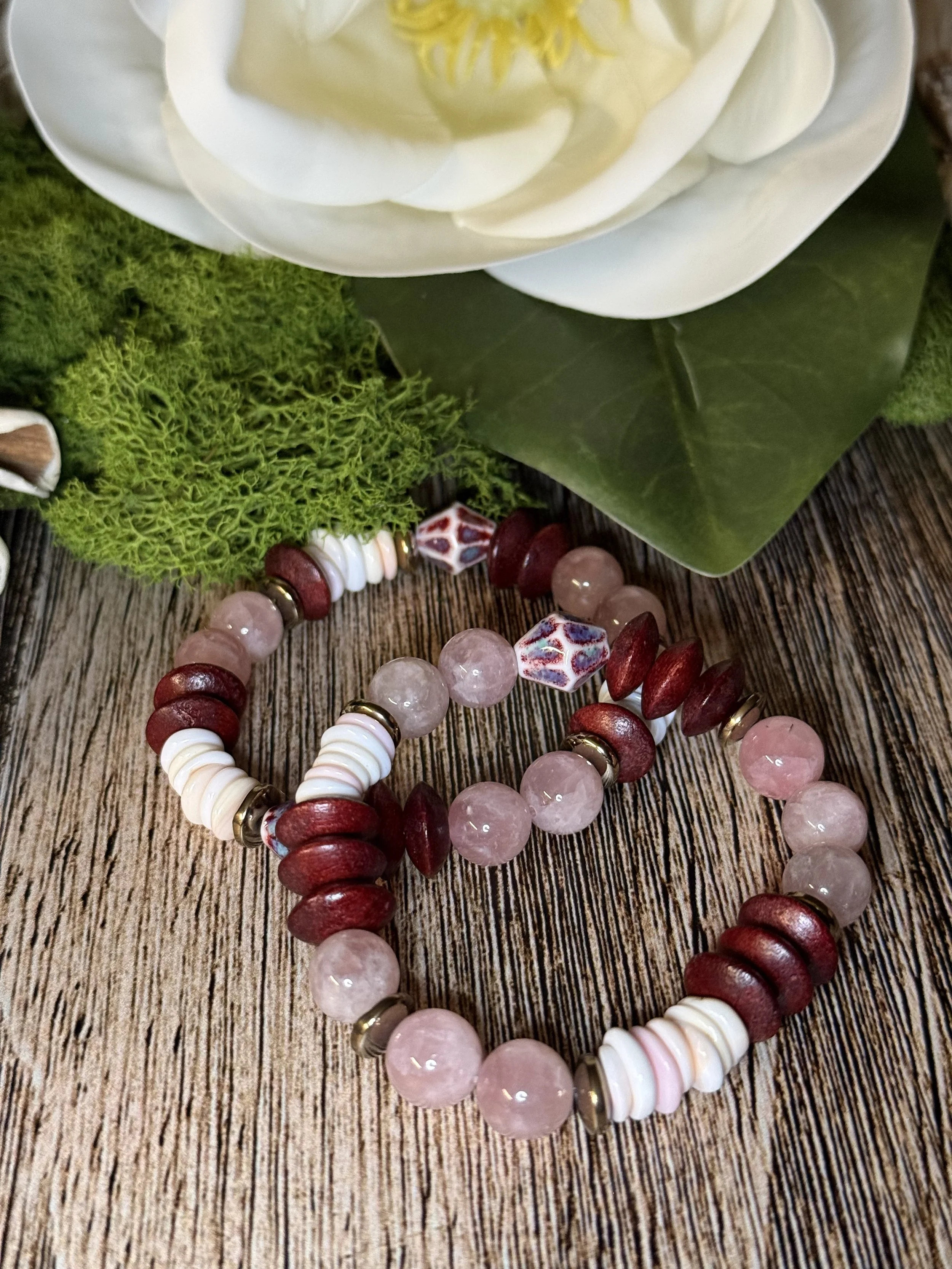 Rose Quartz & Pyrite Shell-Inspired Bracelet Set