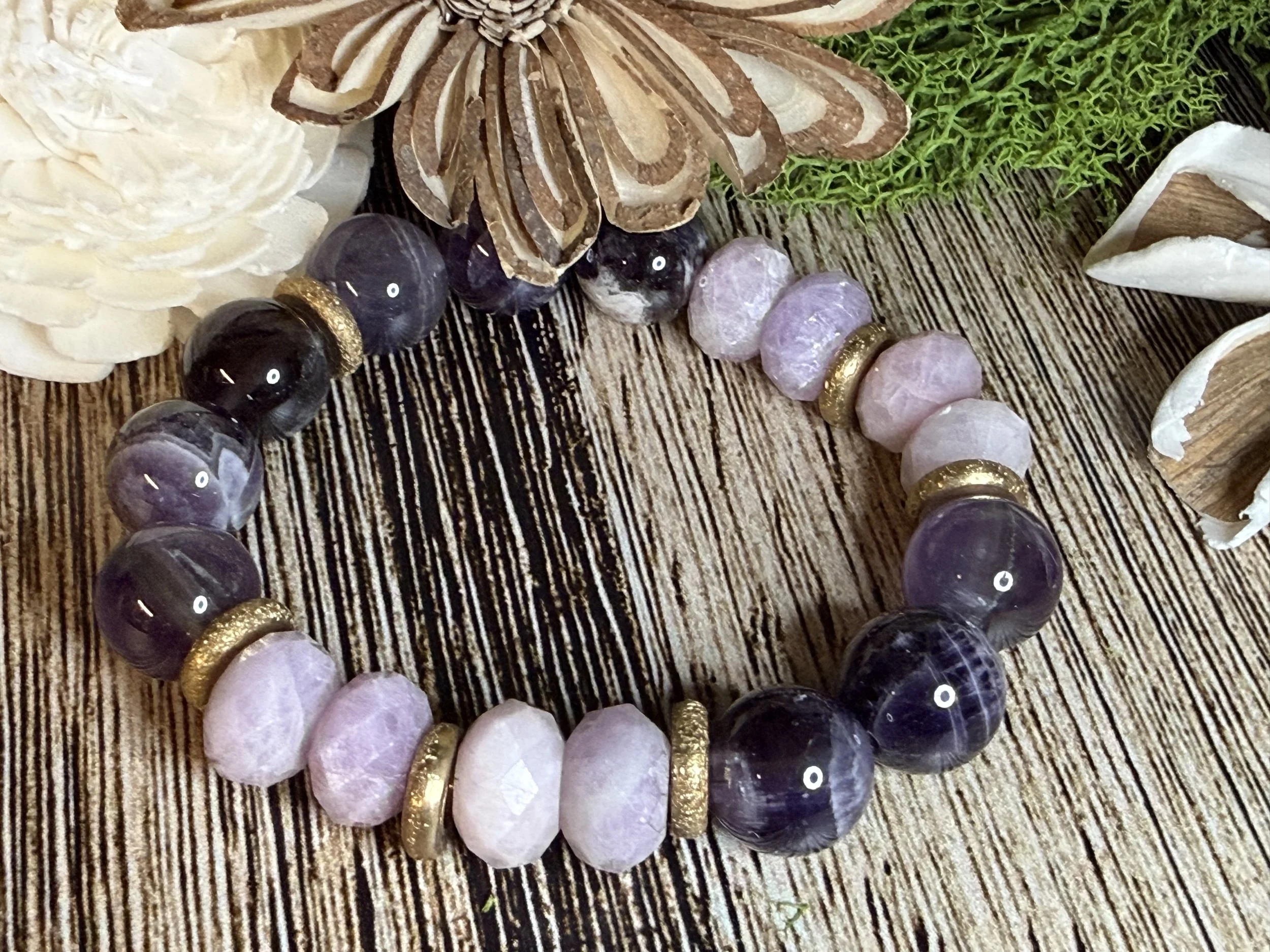 AAA Grade Kunzite & Amethyst Beaded Bracelet with Brass Accents