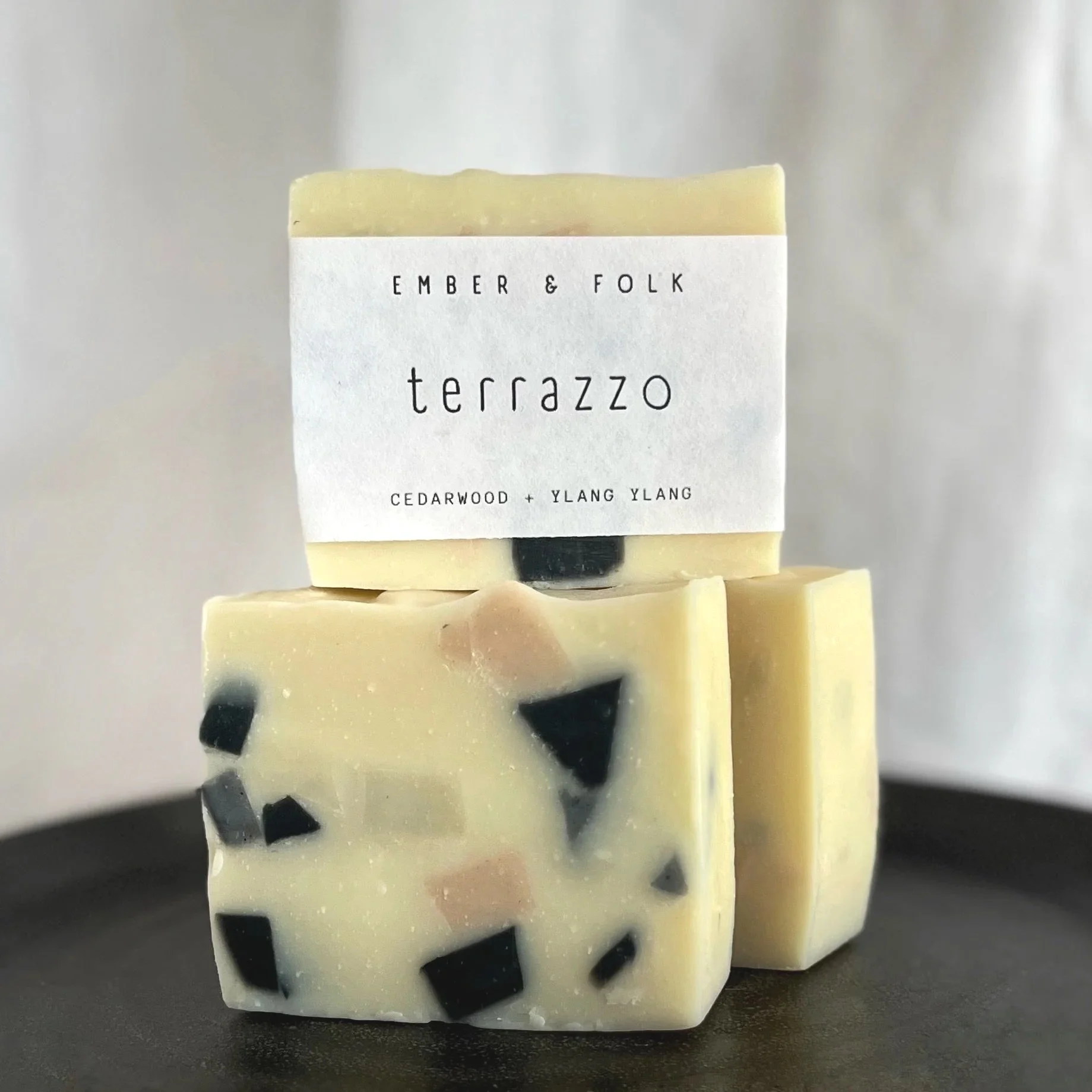 small batch soap with terrazzo detail and lavender and cedar wood