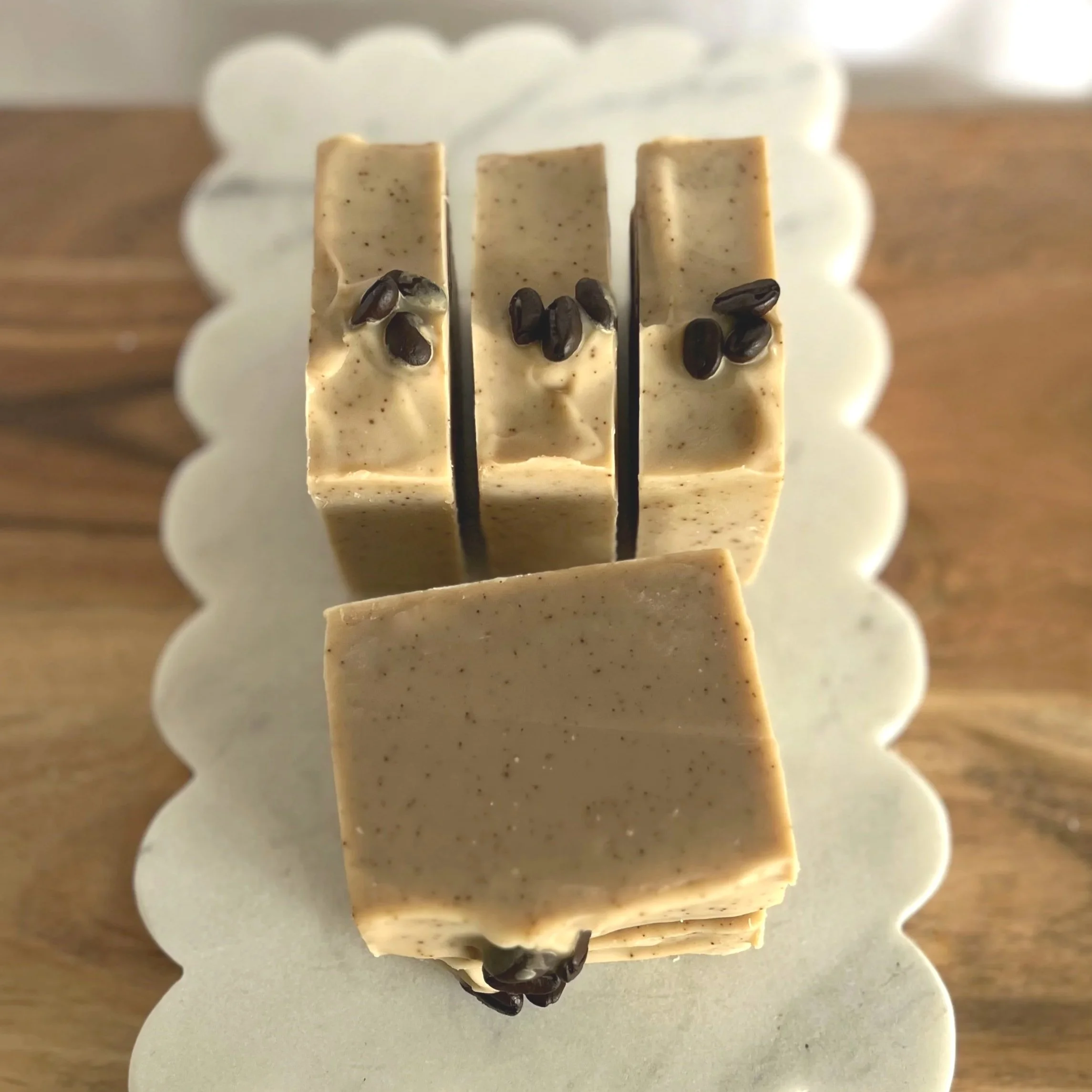 small batch cold process soap with exfoliating coffee