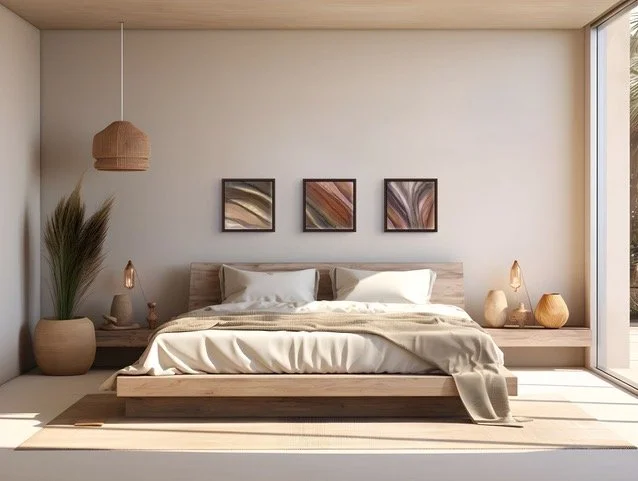 The Grounded collection shown above a bed in a room setting