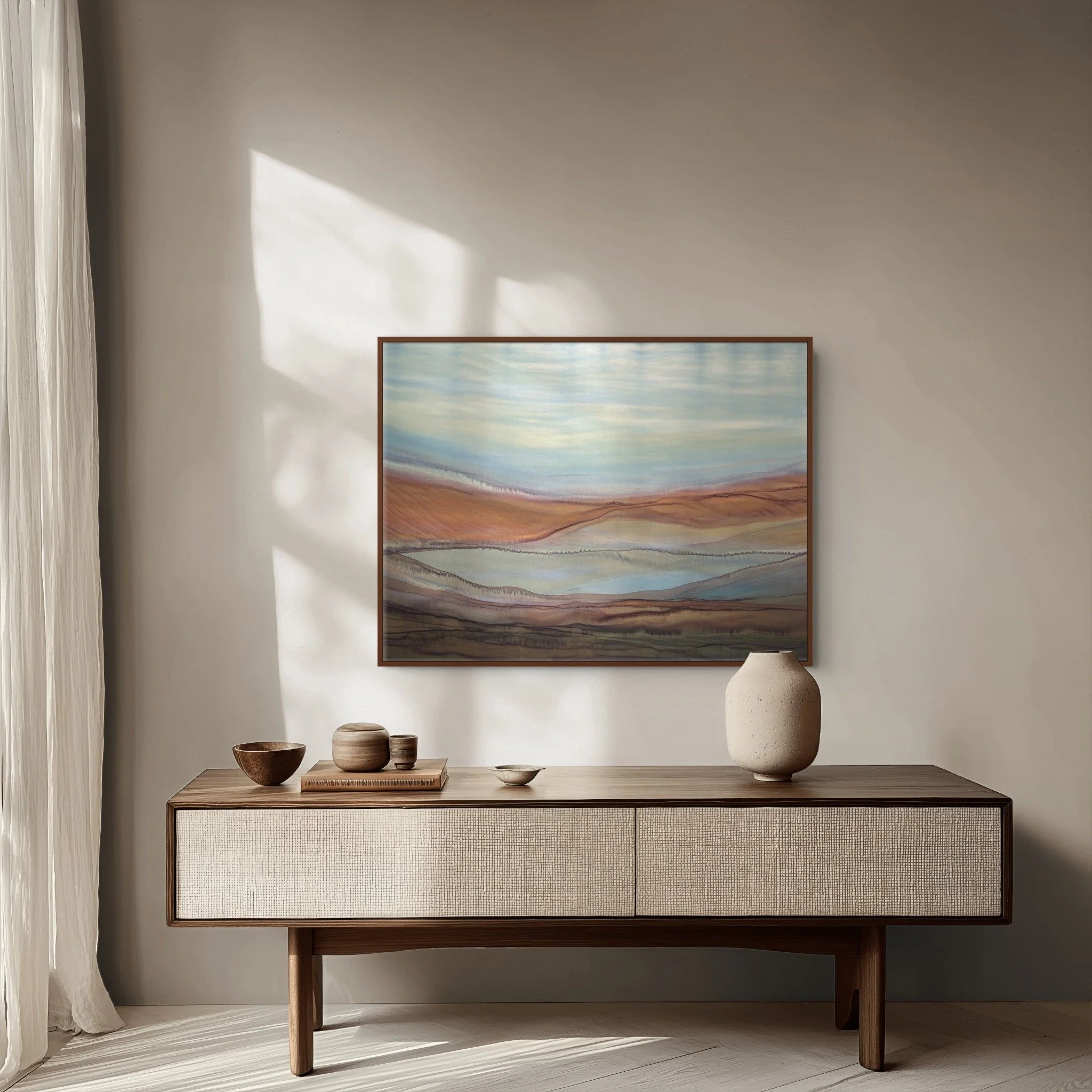 Original framed silk painting displayed in a contemporary interior
