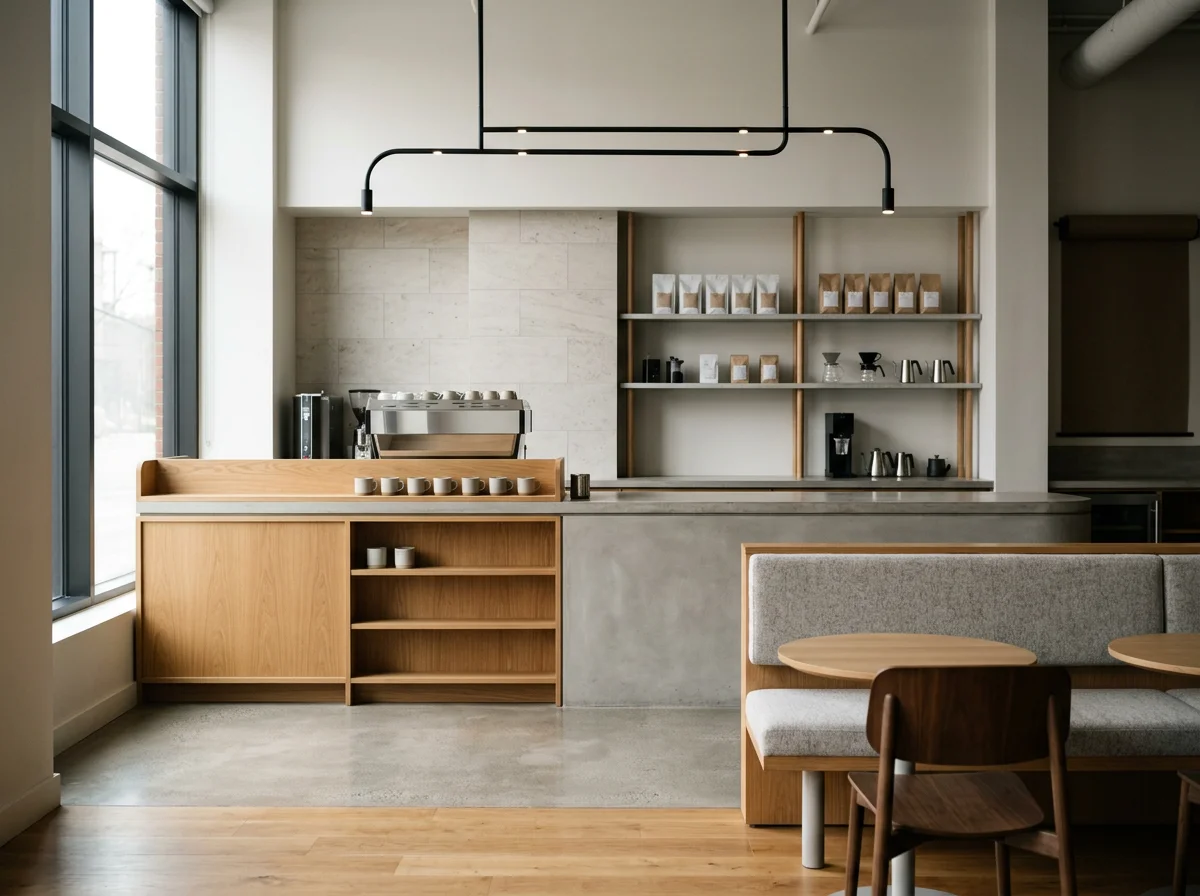 Modern minimalist coffee shop interior with espresso machine, wood counter, open shelves, and café seating
