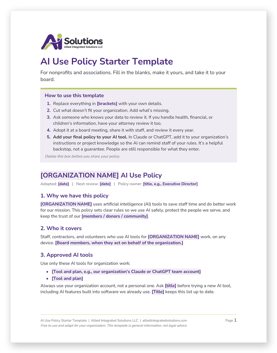 Preview of the first page of the AI Use Policy Starter Template