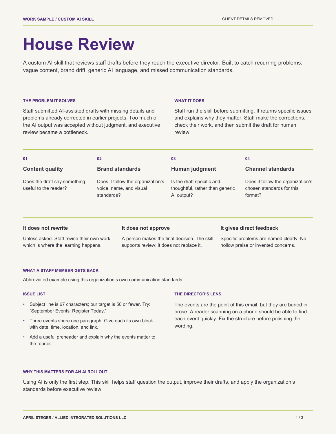 First-page preview of House Review, a custom AI skill work sample showing draft checks and example staff feedback.