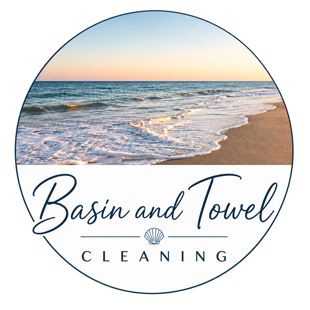 A circular logo featuring an ocean beach with gentle waves at sunset, with the text 'Basin and Towel' in cursive and 'Cleaning' in uppercase letters below, including a seashell icon between the words.