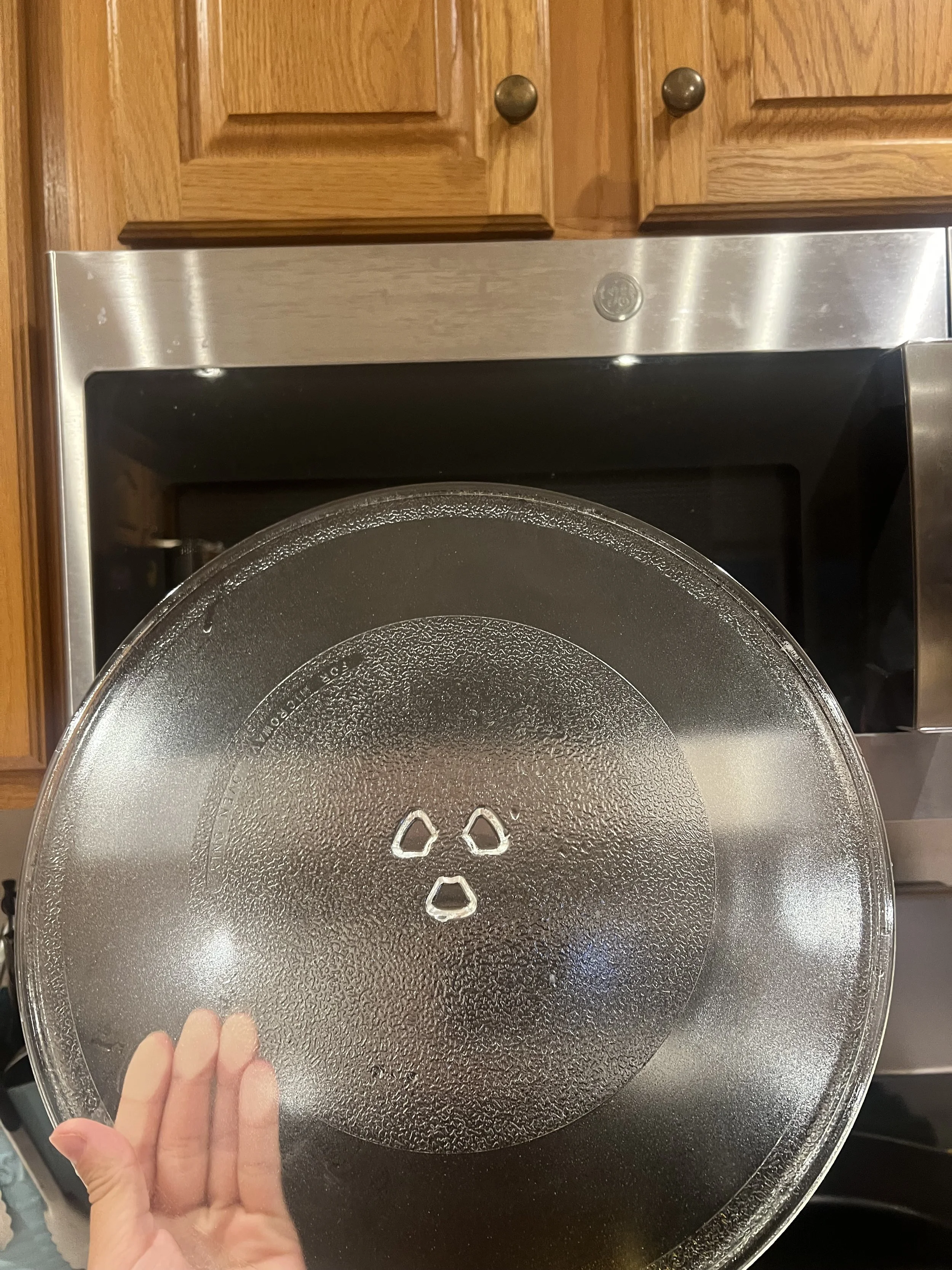 A person holding a clear glass plate in front of a stainless steel appliance, with wooden cabinets in the background.
