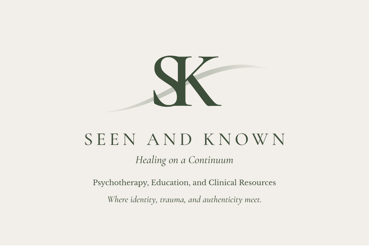 A logo with the initials 'SK' and a wavy line above and below. Below the logo, the text reads 'SEEN AND KNOWN' and 'Healing on a Continuum'. Additional text states 'Psychotherapy, Education, and Clinical Resources' and 'Where identity, trauma, and authenticity meet.'