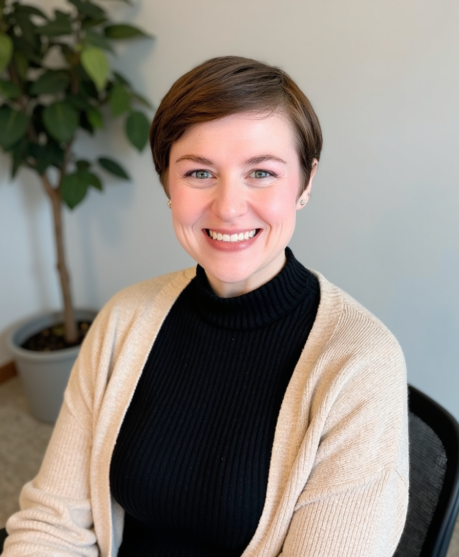 Smiling woman with short brown hair, wearing a black turtleneck and beige cardigan, sitting in an office with a potted plant in the background.