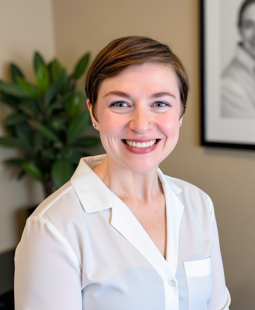 A smiling woman with short brown hair, wearing a white shirt, standing indoors near a leafy plant and black-and-white artwork on the wall.