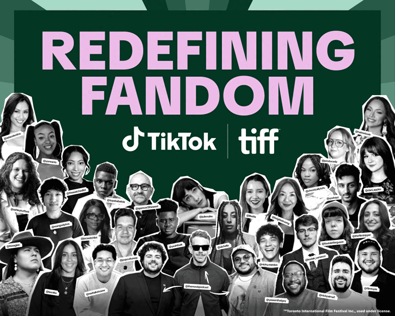 Redefining Fandom TikTok TIFF graphic featuring a collage of diverse creators and film fans including Bree Stephens and 29 other talented creators.