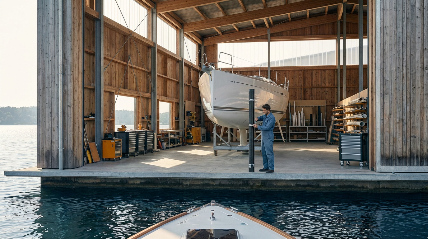 A person working on a sailboat inside a wooden boathouse on the water.