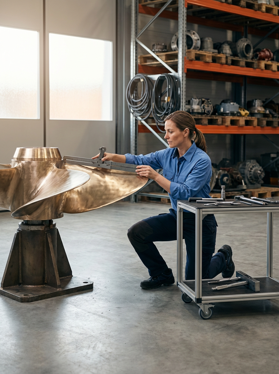 A woman in a blue shirt kneels on one knee, measuring a large metallic turbine blade in an industrial workshop. She uses a caliper and has a tool cart nearby with various tools.