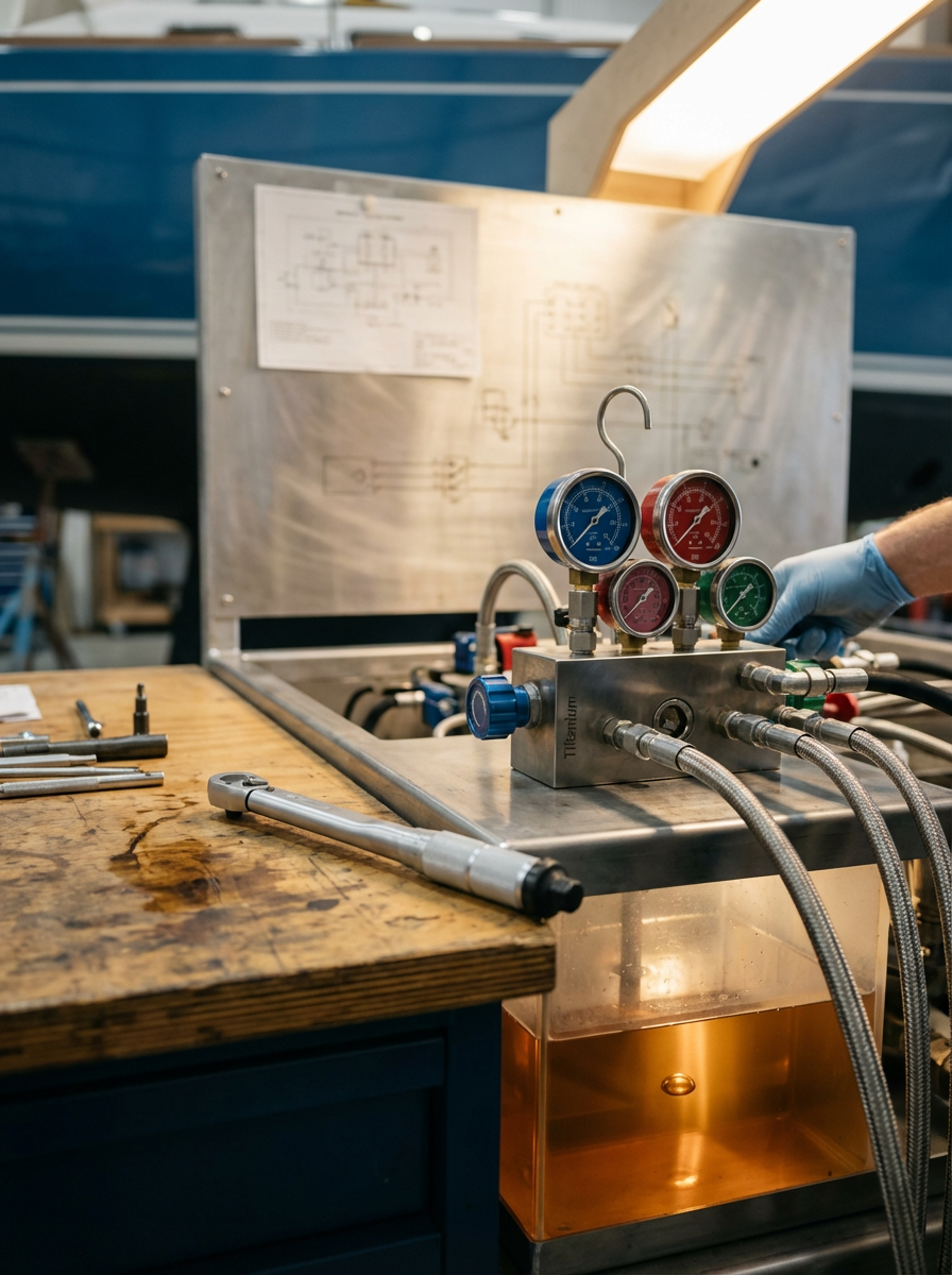 Close-up of a hydraulic system gauge setup on a workbench with tools and a boat in the background.