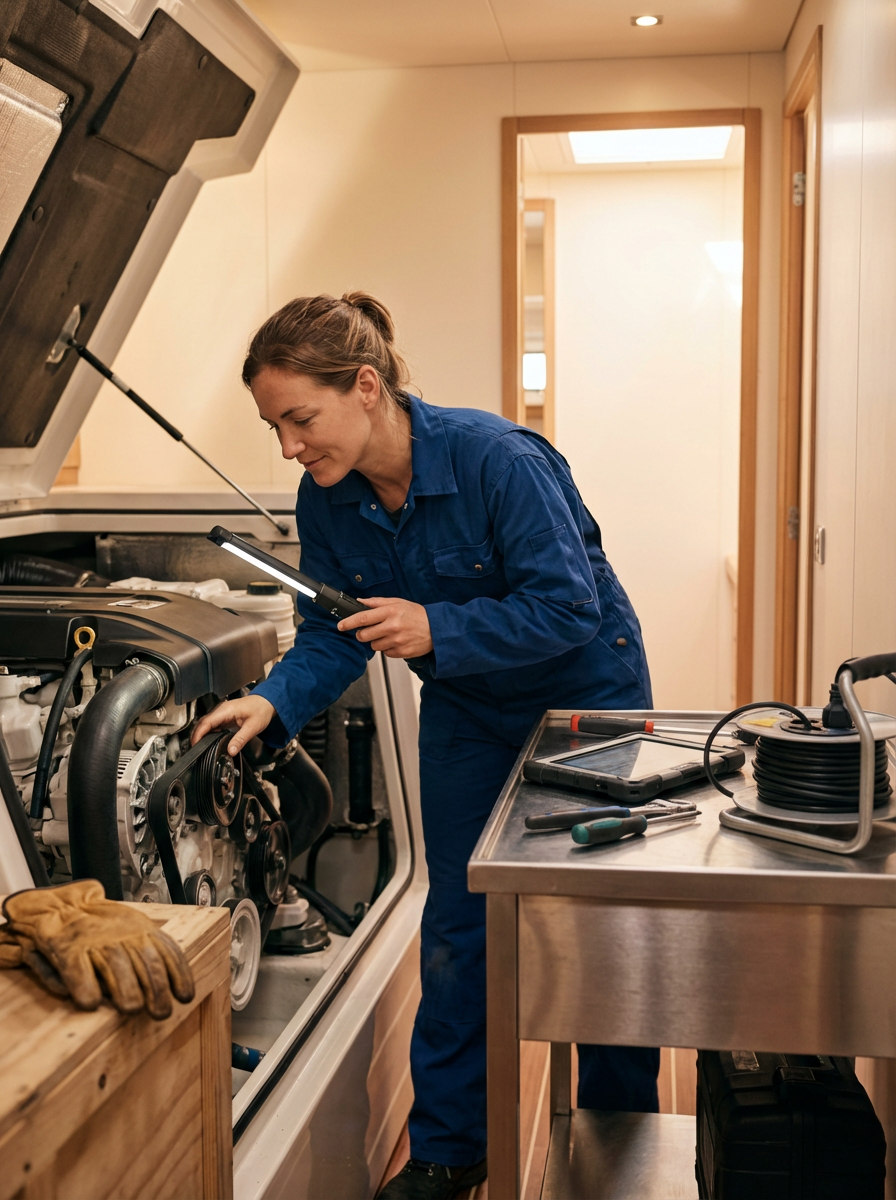 A woman in blue mechanic's overalls working on a car engine with a flashlight in her hand inside a workshop or garage.