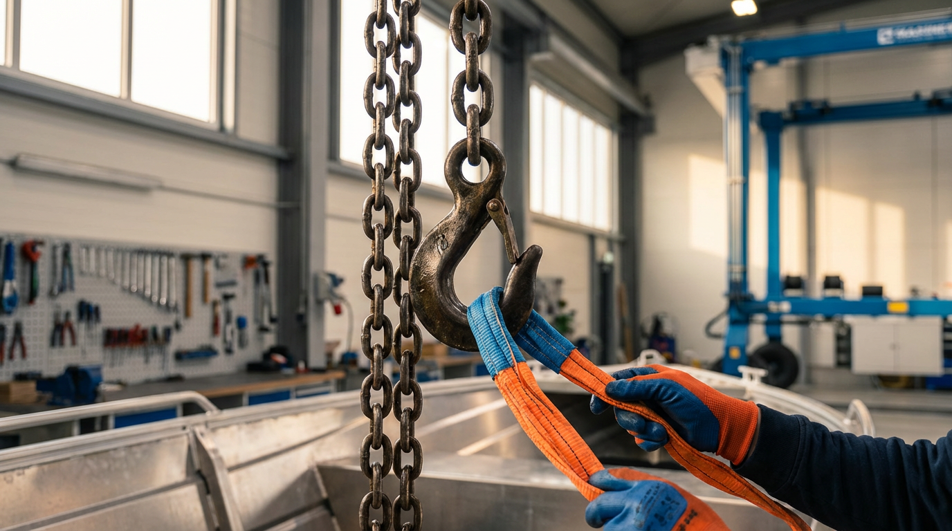 A worker in safety gloves attaching a sling to a large hook in an industrial workshop.