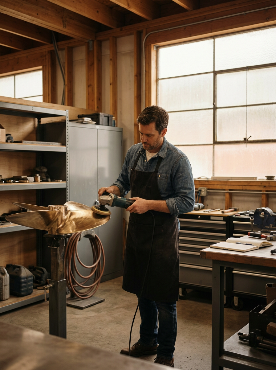 A man polishing a metallic sculpture of a fish in a woodworking shop.