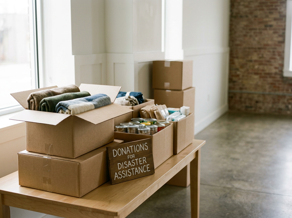 Cards, canned goods, and clothing in cardboard boxes on a wooden table, with a sign that reads 'Donations for Disaster Assistance' in a bright room with brick wall and windows.