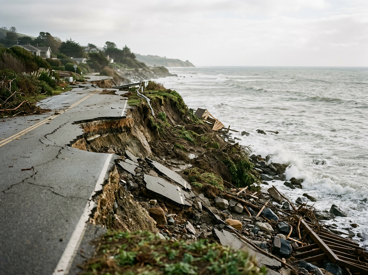A coastal road that has collapsed into the ocean, with debris and damaged infrastructure along the shoreline.