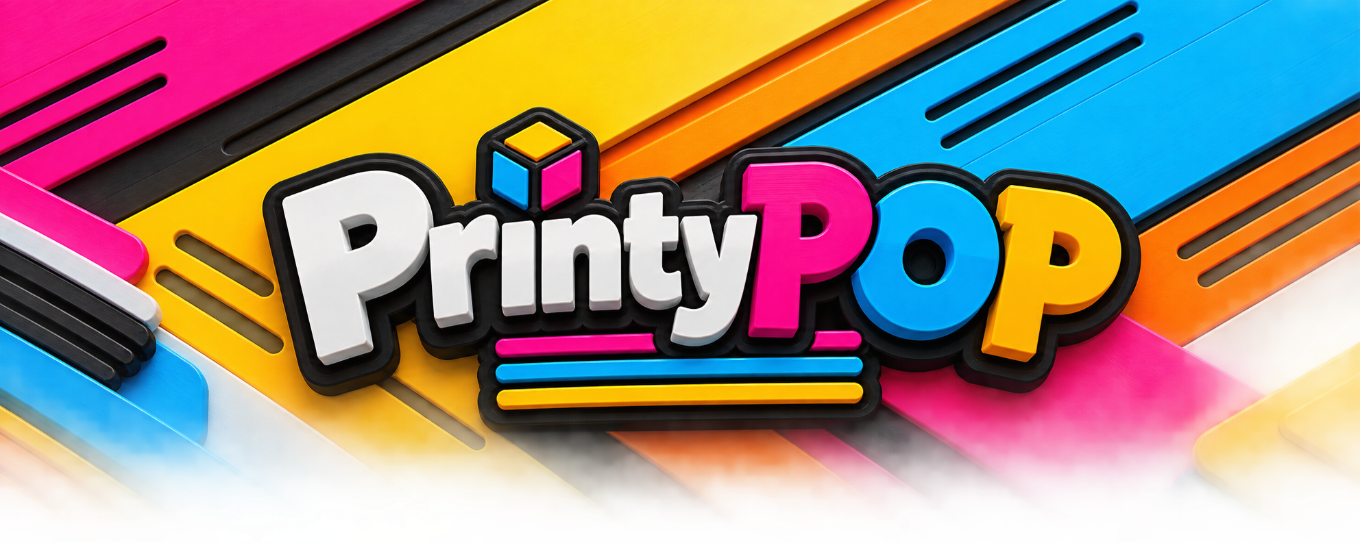 Colorful logo for PrintyPop with bold 3D letters in white, pink, blue, and yellow, surrounded by vibrant plastic slats in pink, yellow, orange, blue, black, and white.