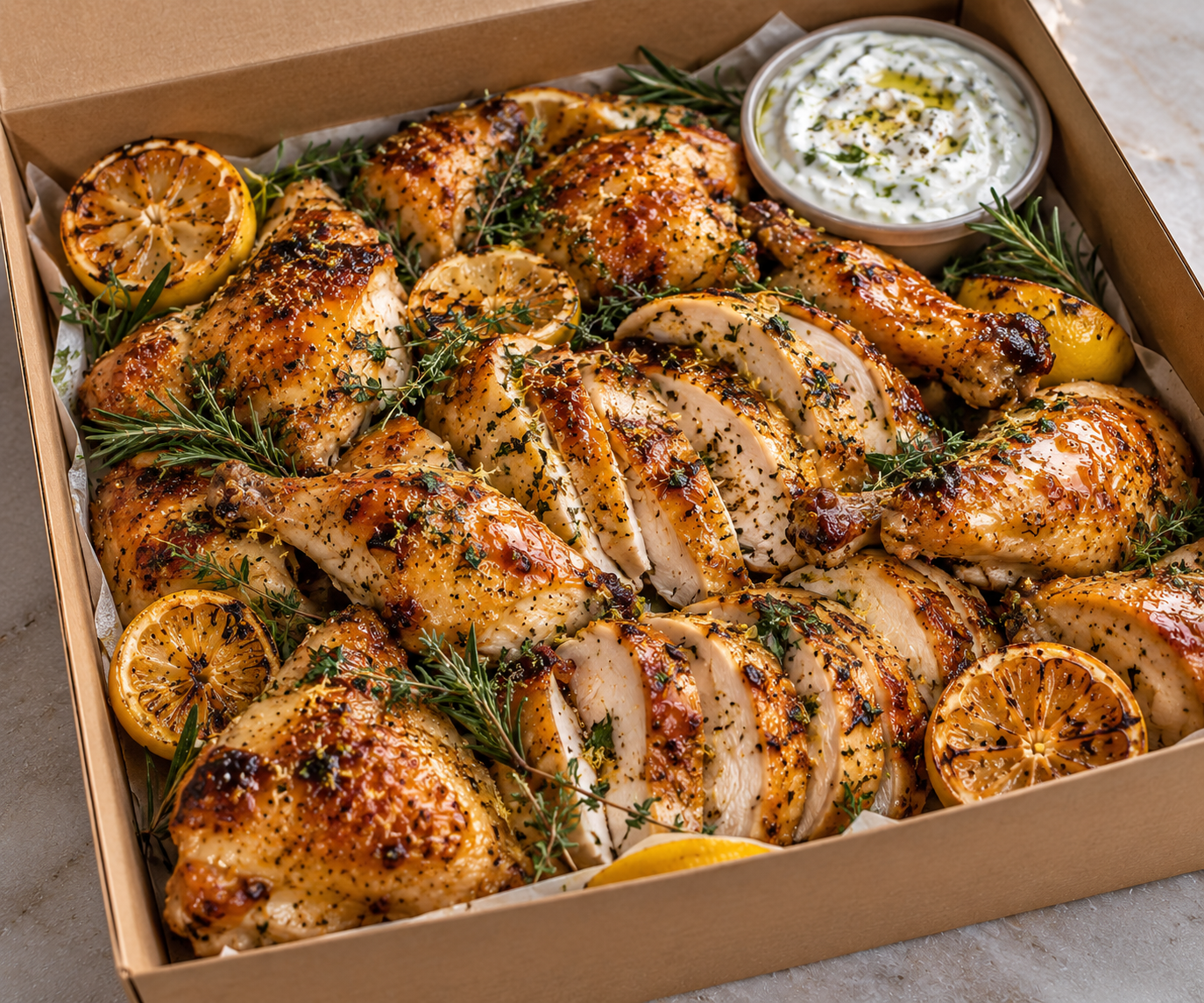 Limoncello & Thyme Roasted Chicken with Hot Honey & Tzatziki