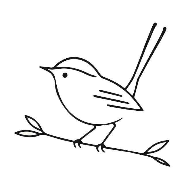 A black line art drawing of a blue wren (bird) standing on a twig.