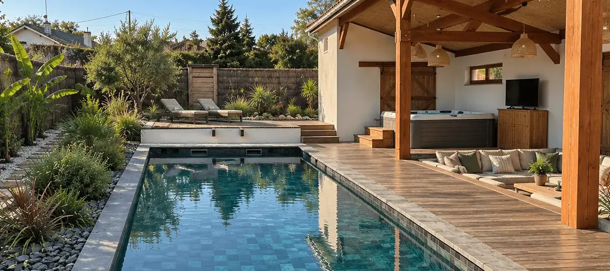 Aménagement extérieur sur-mesure avec piscine, terrasse en bois, pool-house et espace paysager par le cabinet DMB&CO en Sud-Gironde.