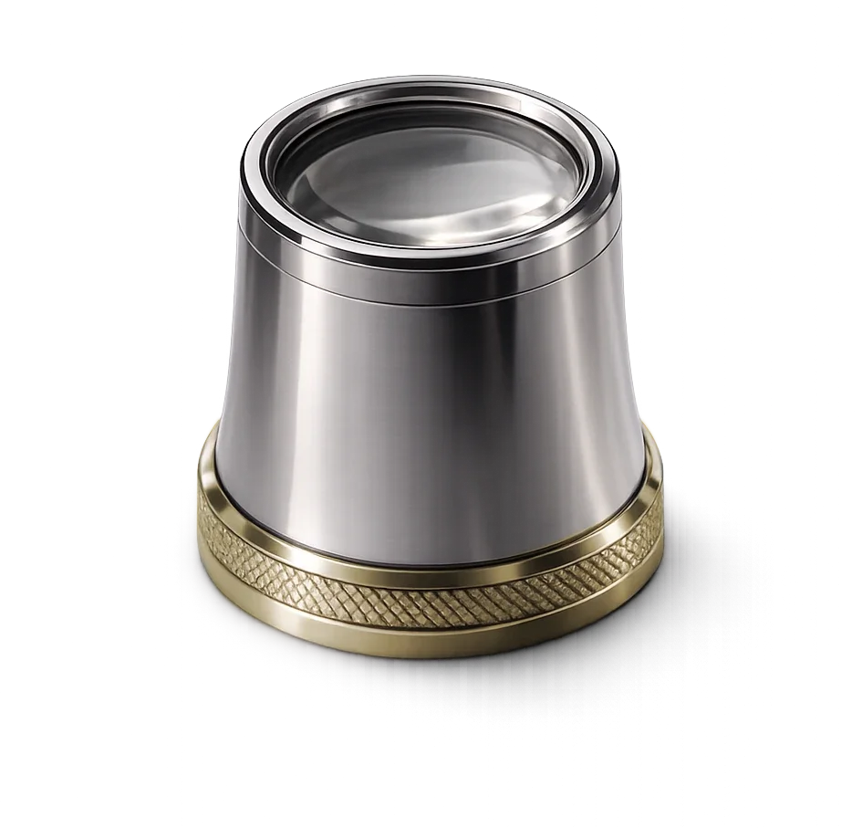 A metallic, conical device with a glass top and a textured gold ring at the base, resembling a modern, high-tech speaker or dispenser.