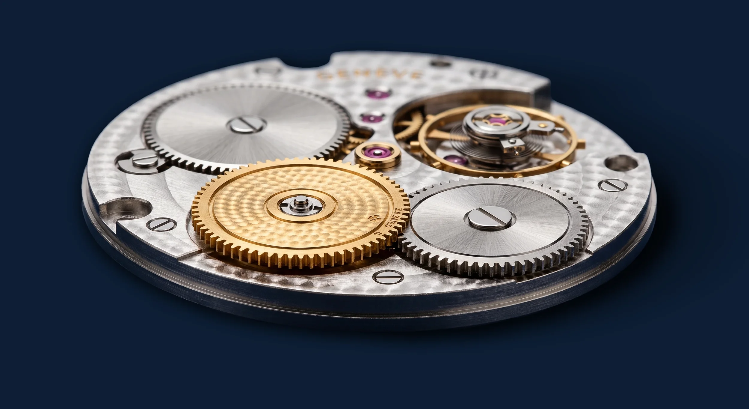 Close-up of a mechanical watch movement with gears, springs, and purple jewel bearings on a dark background.