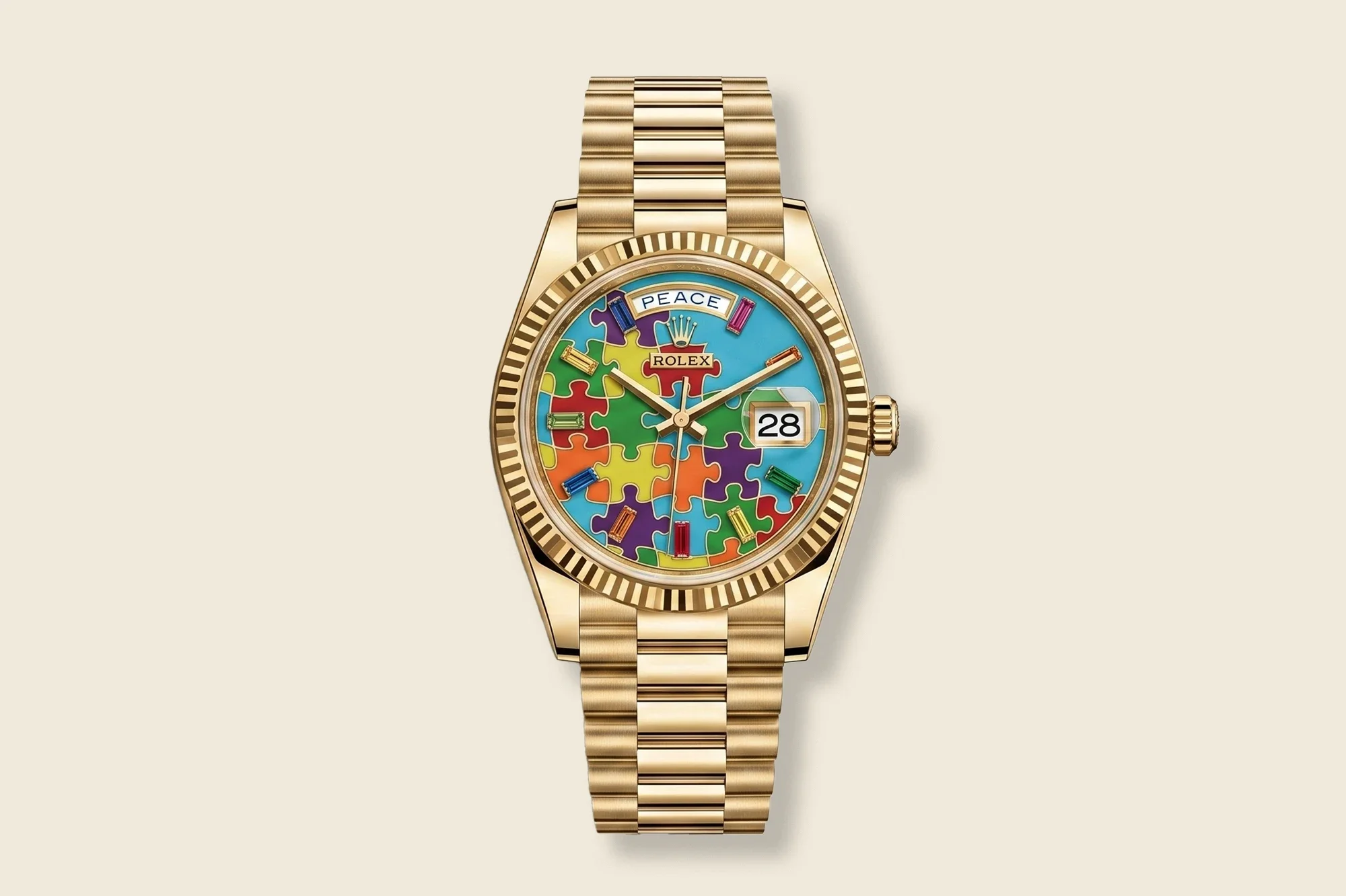 Gold Rolex watch with a colorful puzzle