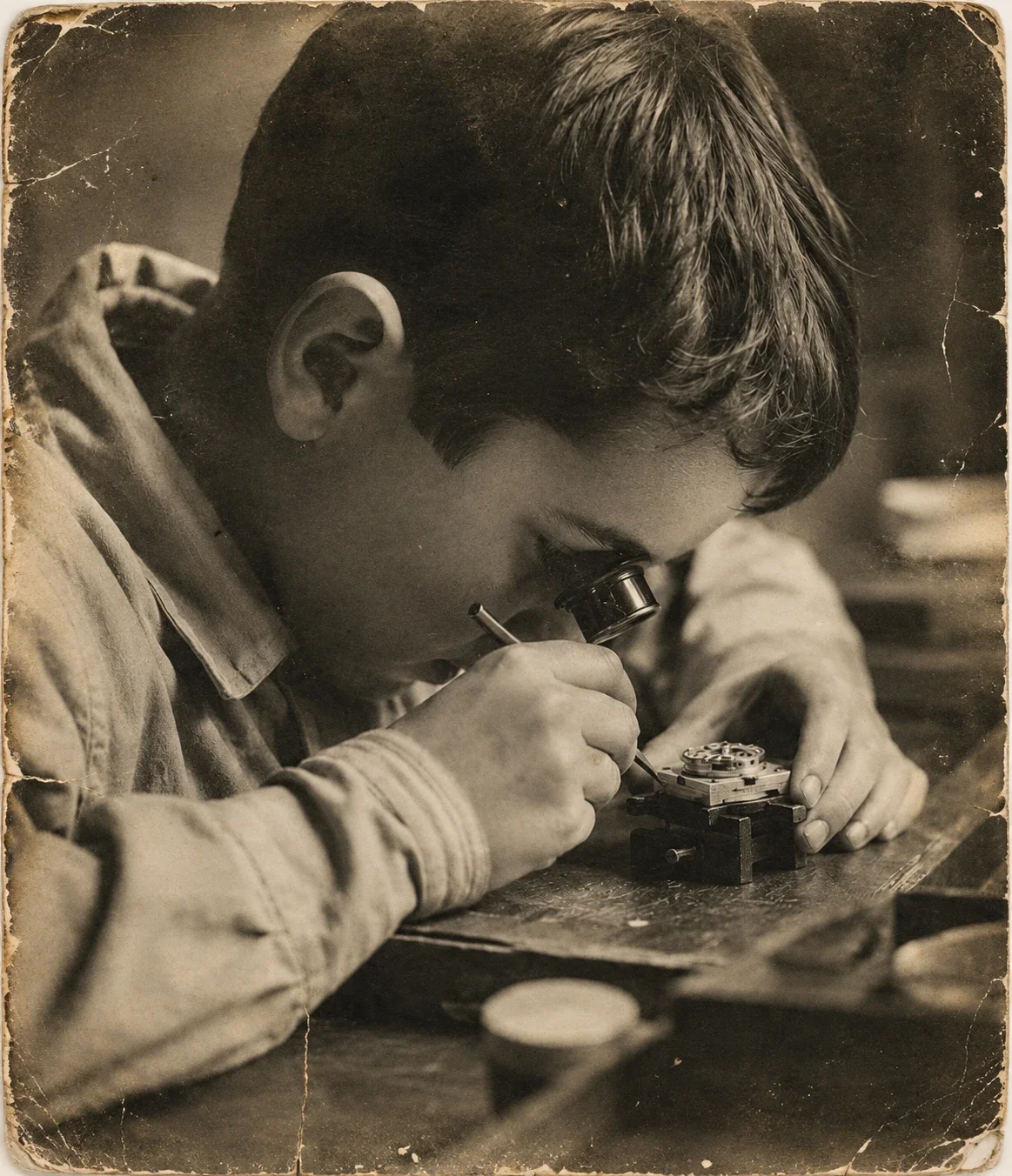 A young boy examining a mechanical watch using a magnifying glass and fine tools, sitting at a workbench.