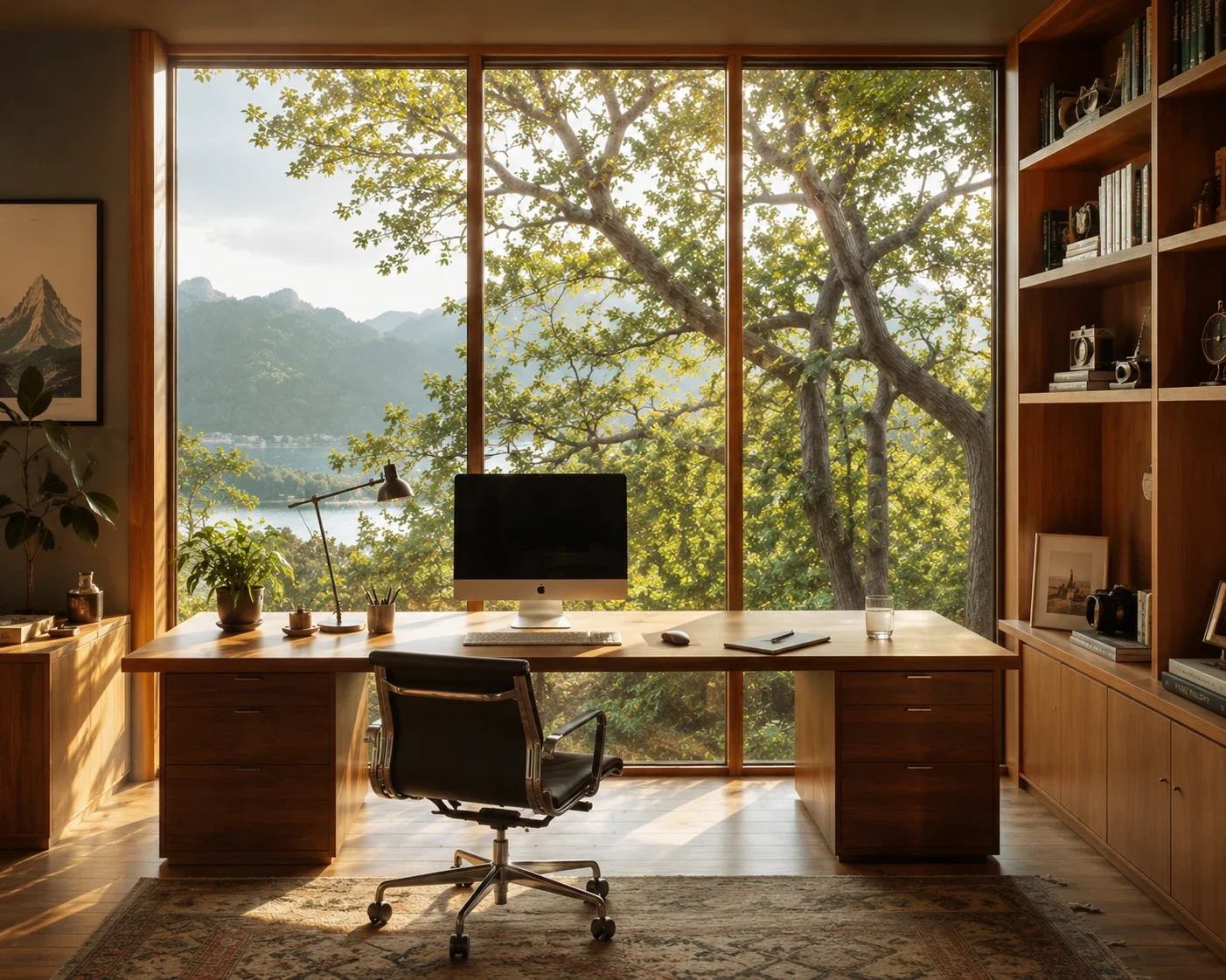 A home office with a large window showing green trees and mountains outside. It features a wooden desk with an iMac computer, a black office chair, and various plants. There's a bookshelf on the right filled with books and decor.