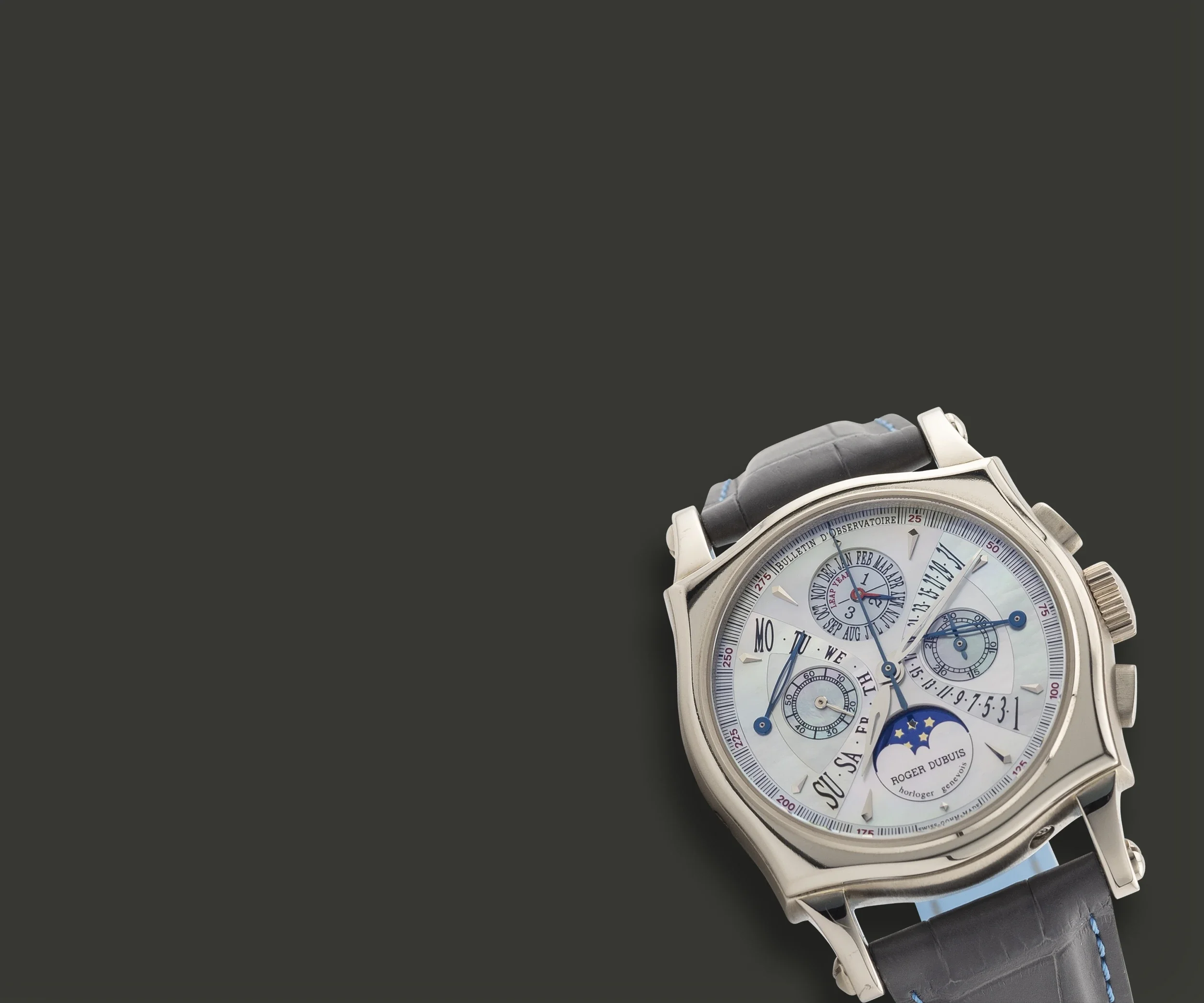 Close-up of a luxury wristwatch with a white dial, multiple sub-dials, and a black leather strap, against a dark background.