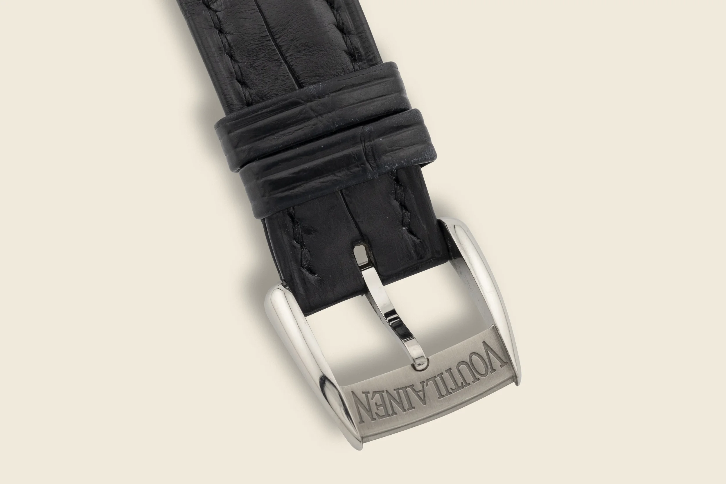 Close-up of a black leather watch strap