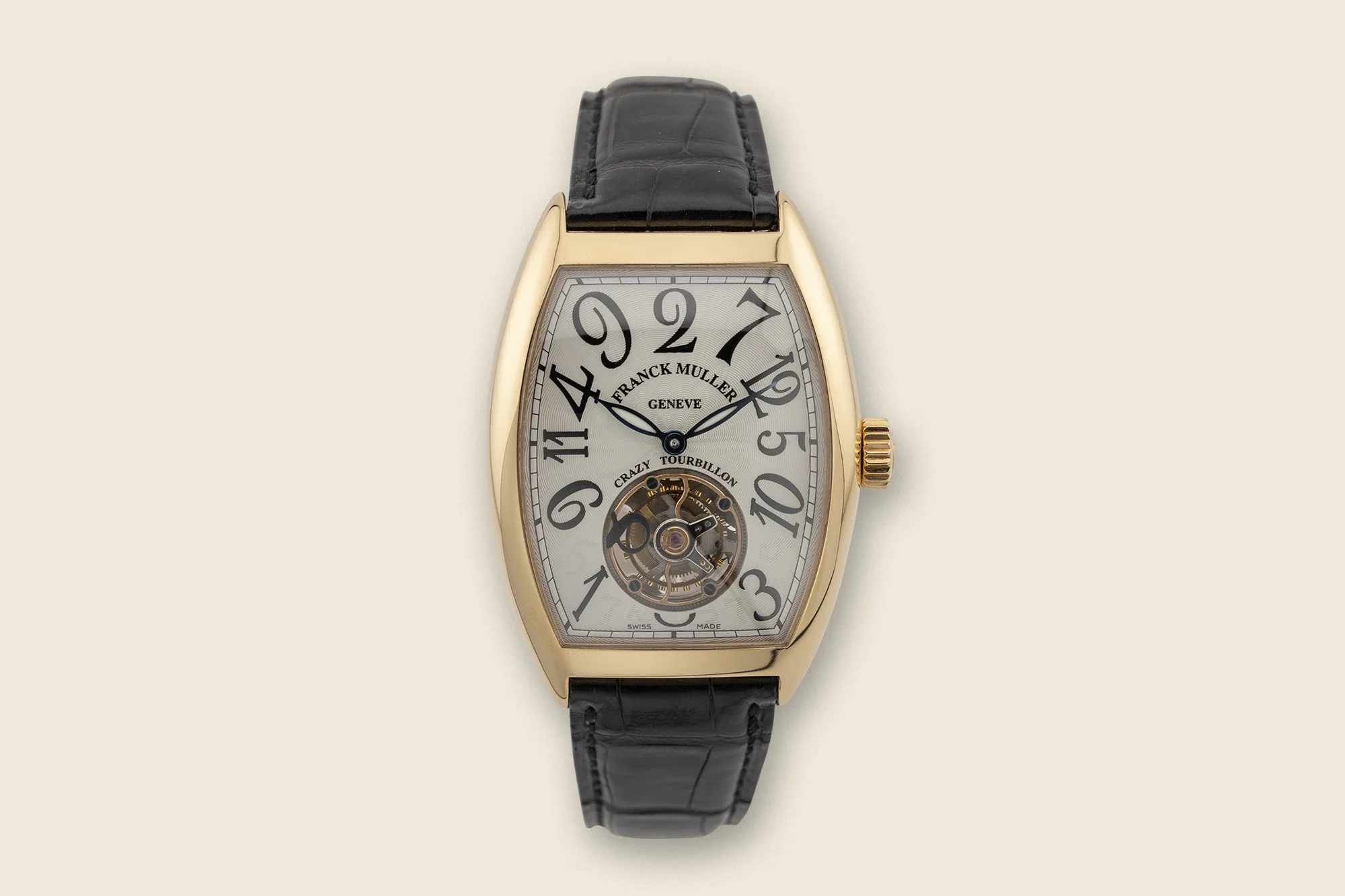 Franck Muller Cintrée Curvex Crazy Hours Tourbillon in pink gold with out-of-sequence numerals and visible tourbillon, front view.
