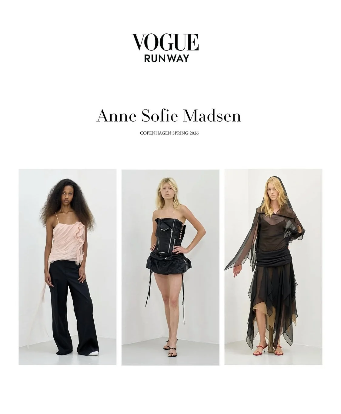 Vogue Runway fashion presentation for Anne Sofie Madsen's Copenhagen Spring 2026 collection featuring three models in stylish outfits standing against a plain background.