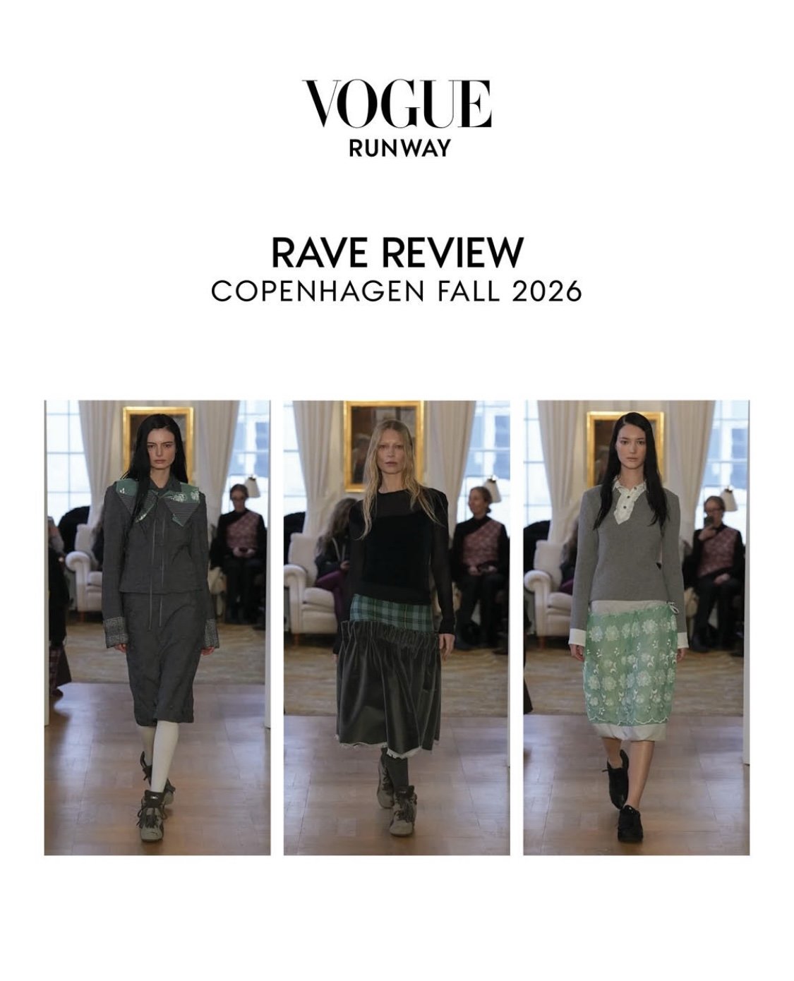 Vogue Runway cover page with three models walking down the runway in fashion outfits during Copenhagen Fall 2026 Rav review presentation.
