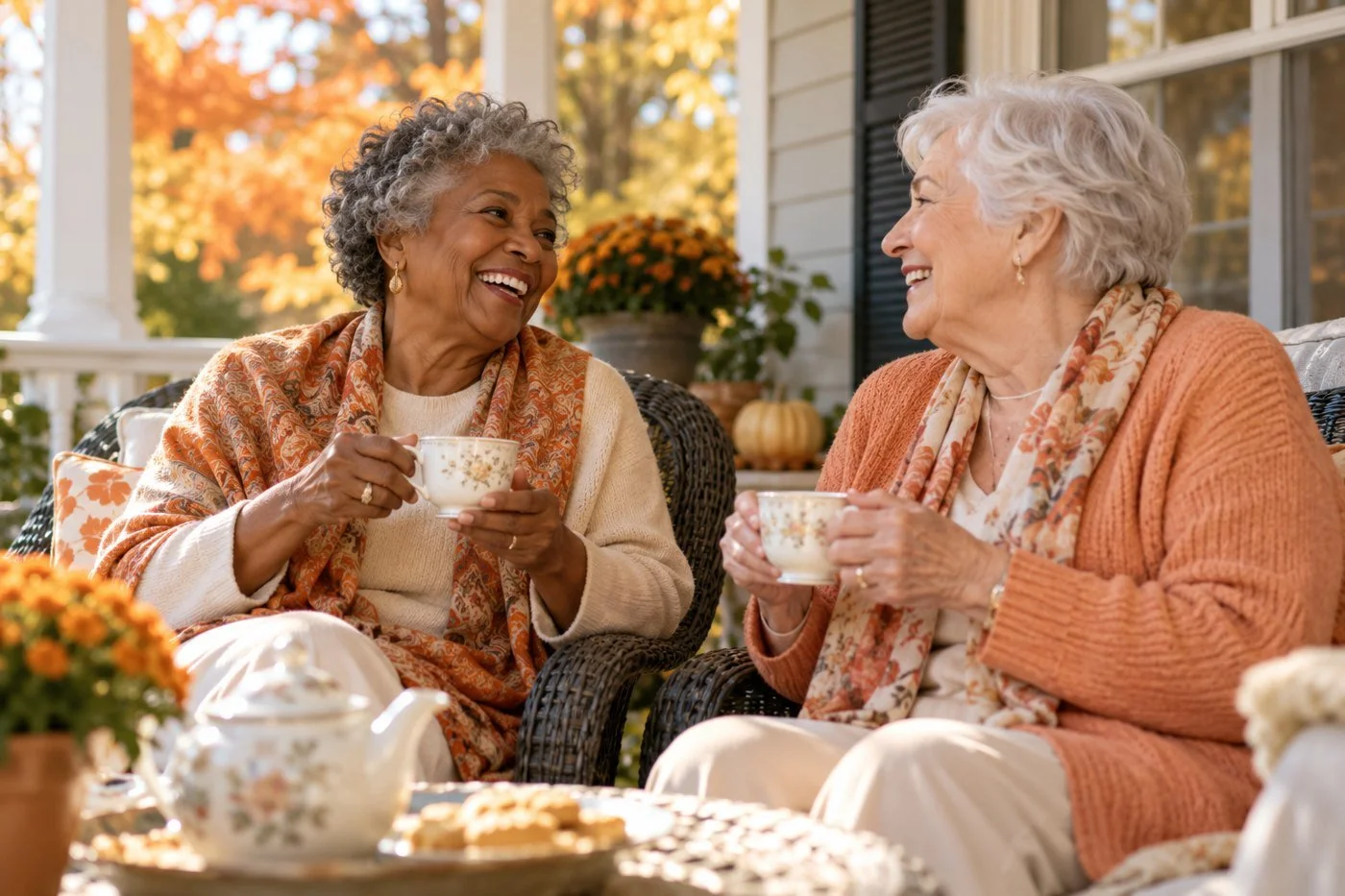 Illustrative older women sharing tea on a porch