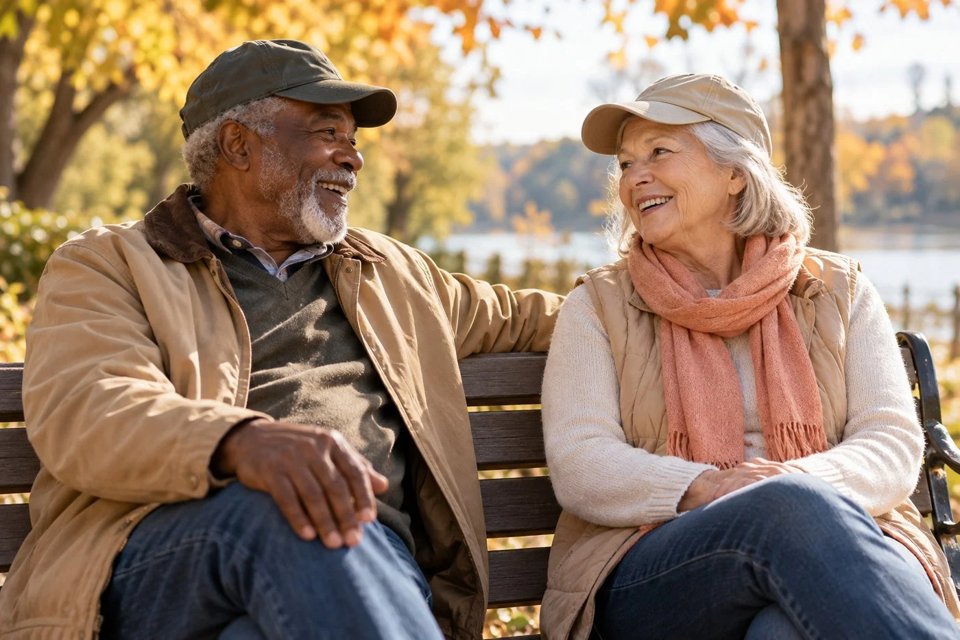 Illustrative older veterans talking outdoors