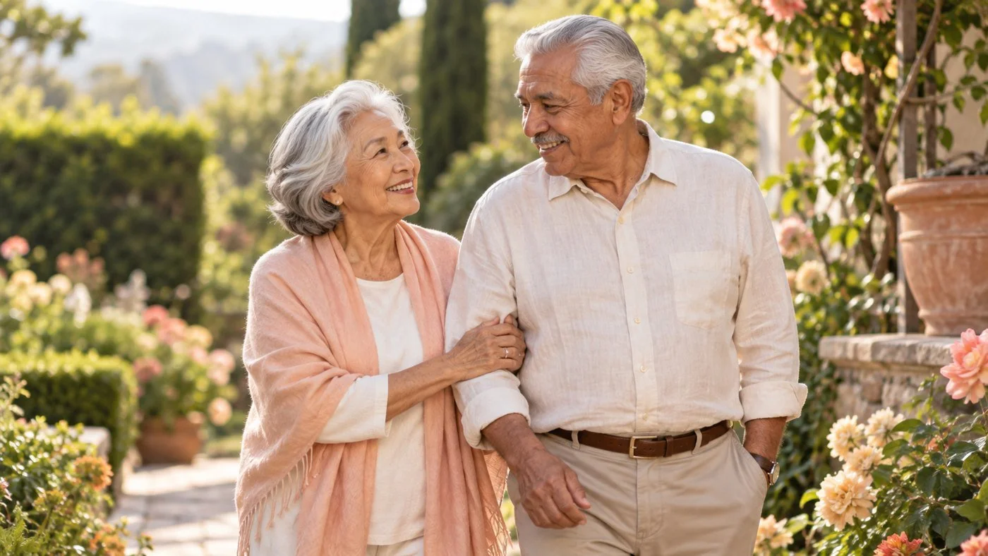 Illustrative older couple enjoying a garden walk